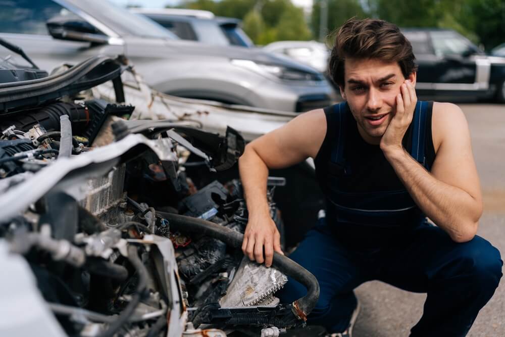 Mecánico junto a un auto gravemente dañado en un lote, mostrando el tipo de vehículo que suele asociarse con títulos salvage.