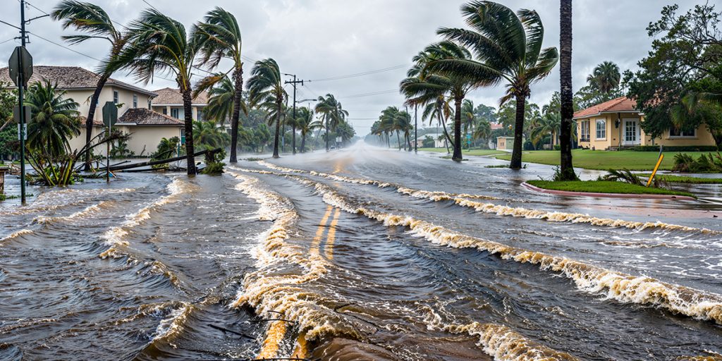Calle residencial en Florida completamente inundada durante un huracán, con fuertes ráfagas de viento que doblan las palmeras y el agua desbordándose sobre la vía.