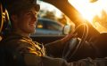 Militar en uniforme conduciendo un automóvil al atardecer, sonriendo mientras la luz del sol entra por la ventana.
