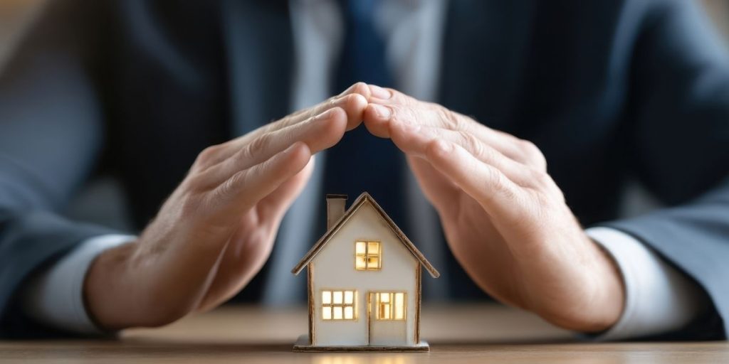Manos protegiendo una casa en miniatura, representando la diferencia entre el seguro de hogar que cubre daños imprevistos y la garantía de hogar que cubre fallas y desgaste.