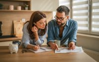 Pareja revisando sus finanzas en casa durante una auditoría financiera personal