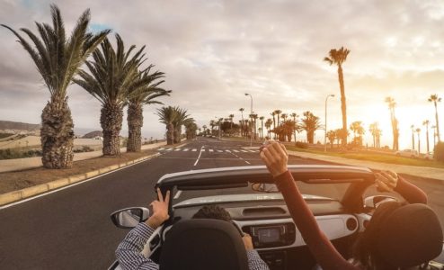 conductores felices viajando en una carretera de california con palmeras seguro de auto