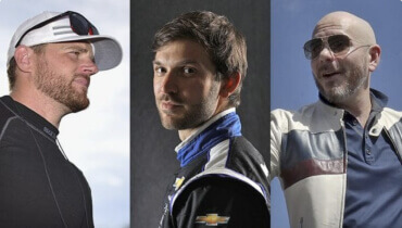 Tres fotos en una imagen con el Foto del campeón de las series NASCAR Cup y Xfinity Daniel Suárez en medio