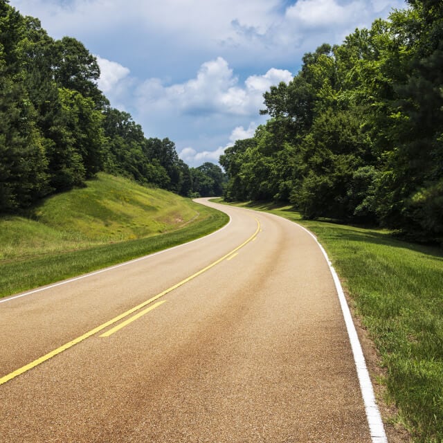 Carretera vacía en Misisipi con árboles de lado y lado