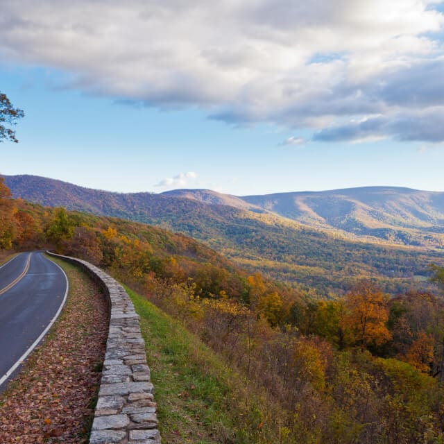 Carretera en Virginia y árboles en otoño de fondo