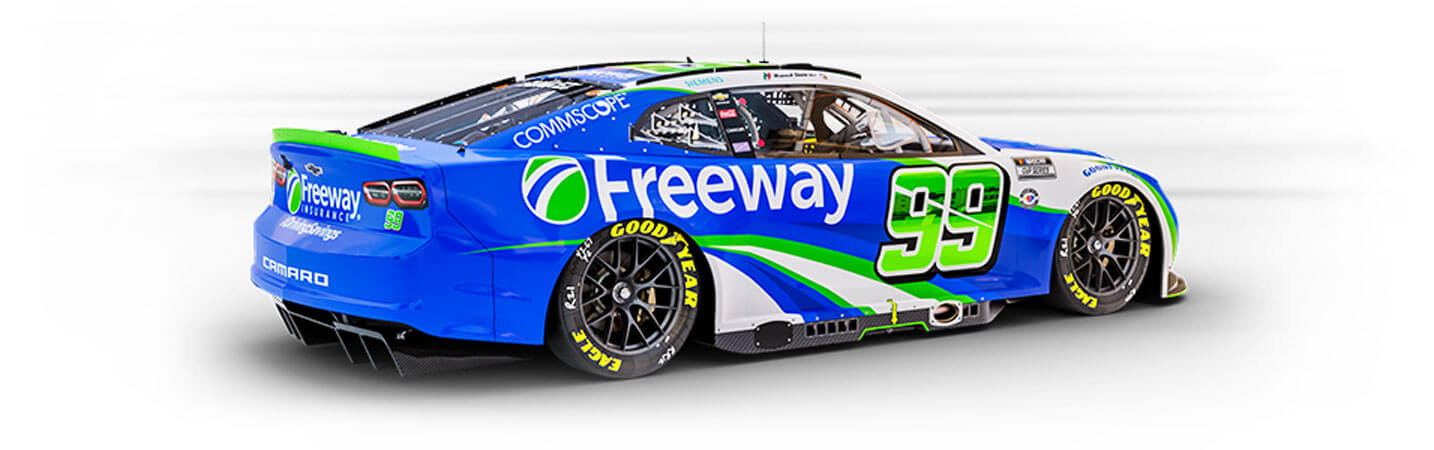 Vista trasera y lateral del auto de carreras de Daniel Suárez chevrolet auspiciado por Freeway con el numero 99 en la puerta