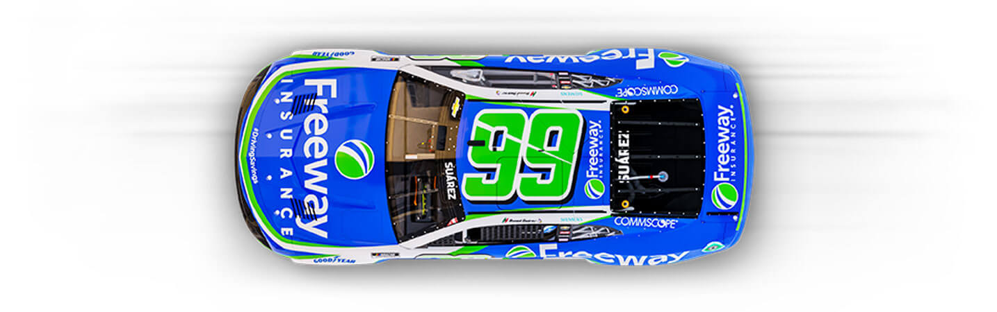 Vista superior del auto de carreras de Daniel Suárez chevrolet auspiciado por Freeway con el numero 99 en el techo
