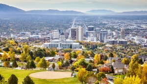Vista aérea del centro de Salt Lake City, Utah