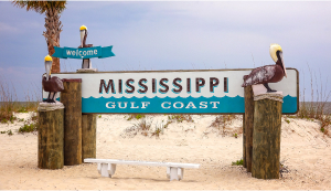 Letrero de entrada a la ciudad costera Gulfport en Misisipi, EE.UU.
