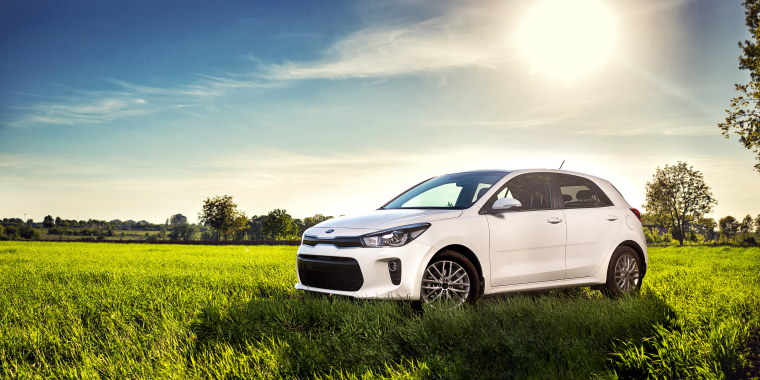 Kia Rio blanco sobre el césped bajo los rayos del sol