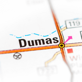 La ciudad de Dumas, Texas, en el mapa.