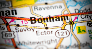 1. La ciudad de Bonham en el mapa de Texas.