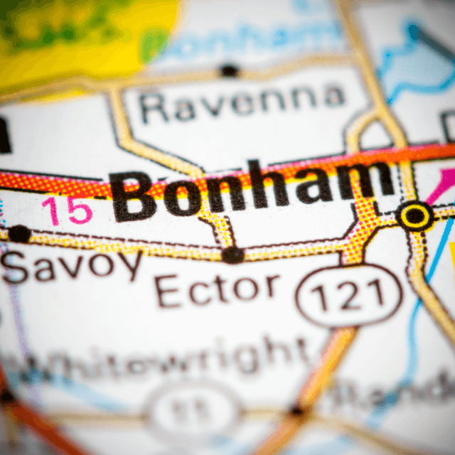 1. La ciudad de Bonham en el mapa de Texas.